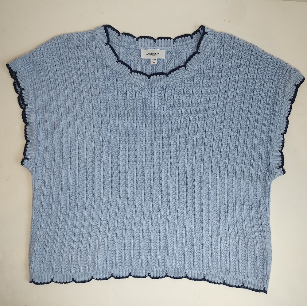 Annie Wear Anniewear Knit Top Vest Sweater Blue Scalloped Cotton Pullover Crop M